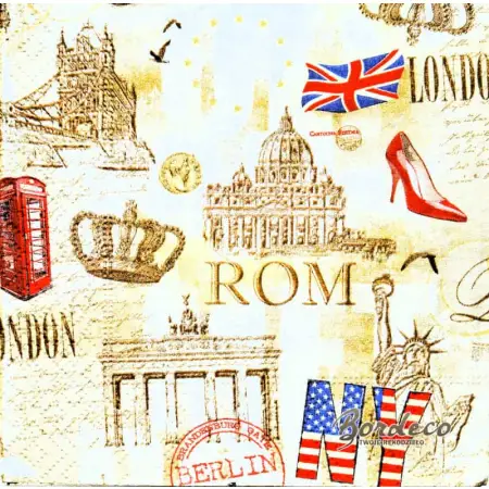 Serwetka do decoupage miasta świata i ich symbole 25x25 Paper+Design Unikat